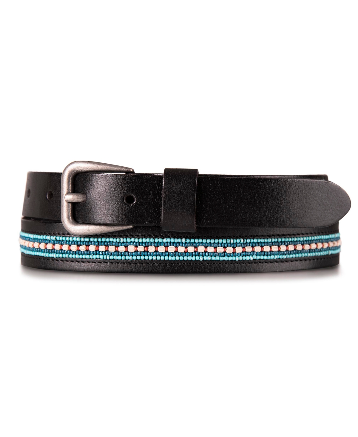 Turquoise Beaded Stripe Leather Belt - Tan