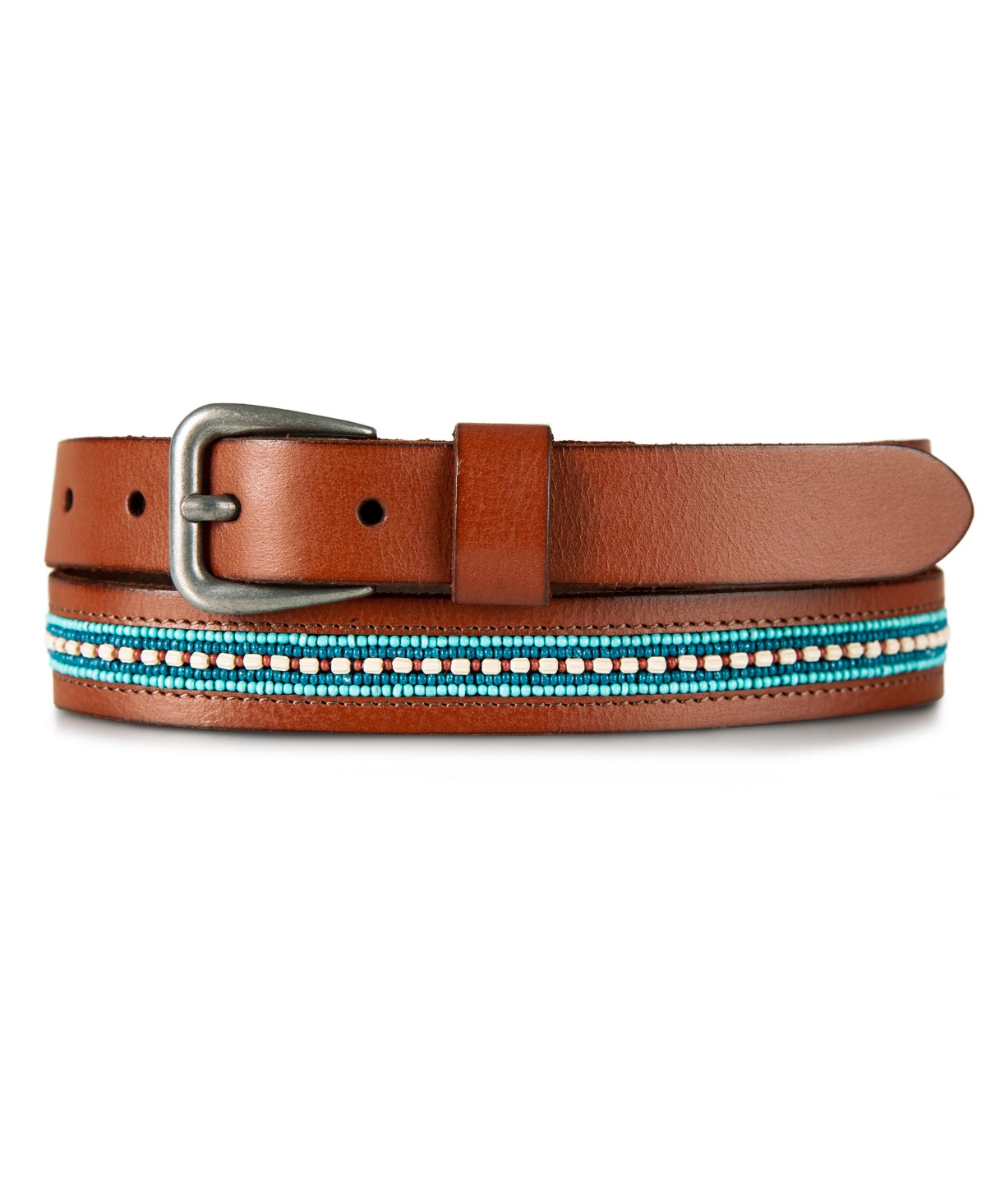 Lucky Brand Turquoise Beaded Stripe Leather Belt In Tan