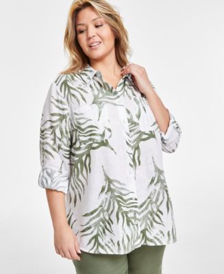 売れ筋商品|||チャータークラブ カットソー トップス レディース Plus Size Toile Affar Button-Front Linen Shirt, Exclusively at Macy's Bright White 27251078_fpx.tif?$filterlrg$&