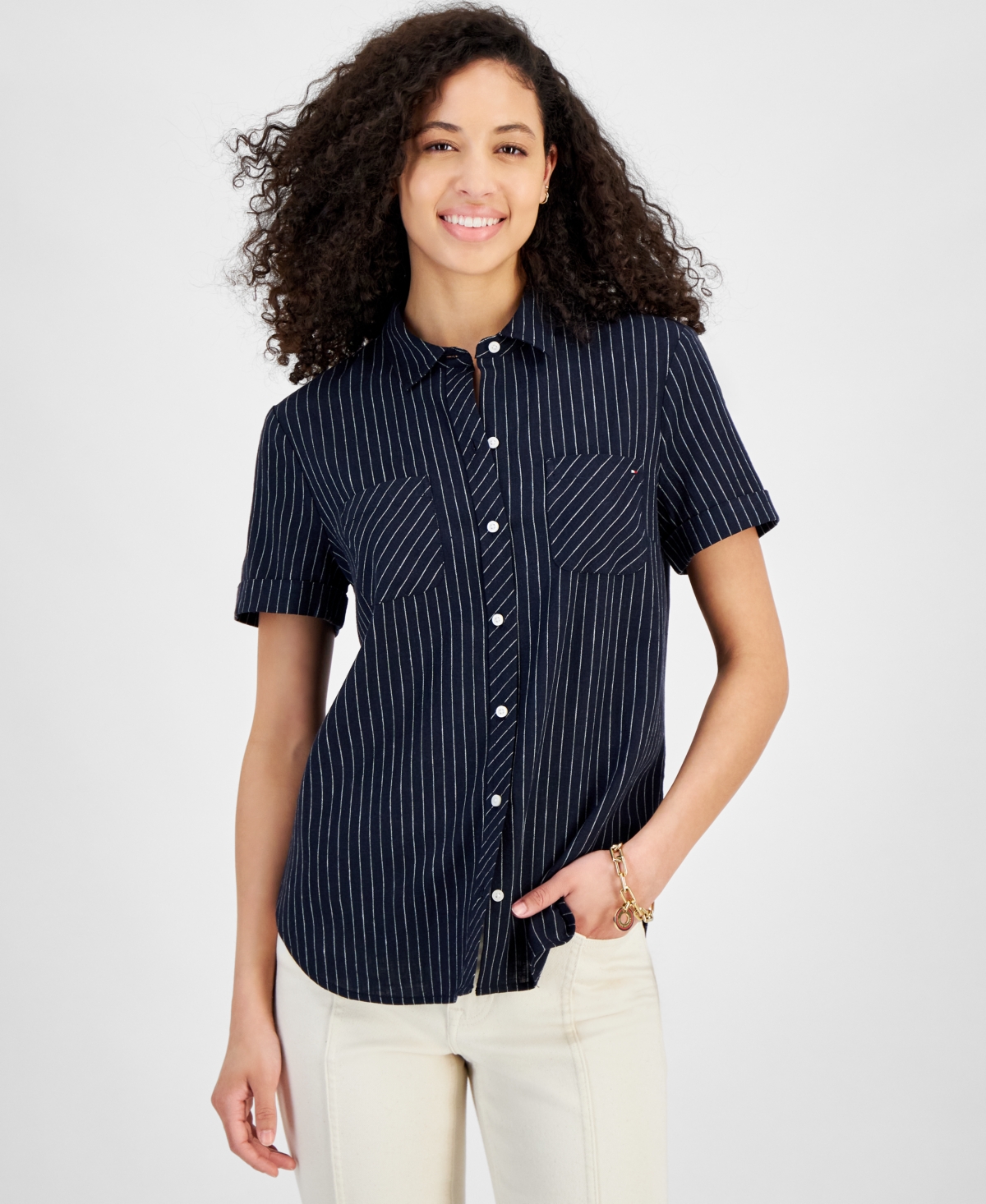 Women's Striped Linen-Blend Short-Sleeve Button-Front Shirt - Sky Cap/br
