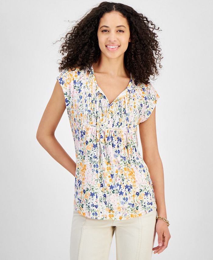 Tommy Hilfiger Women's Garden Printed Pintuck Top - Macy's