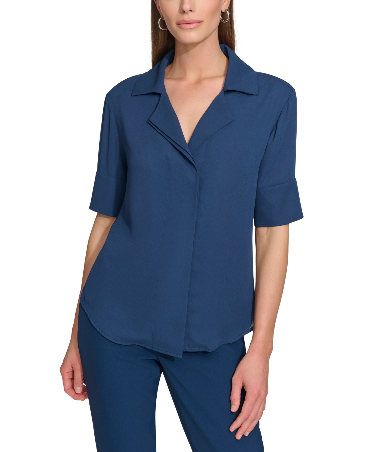 Shop Dkny Petite Notched-lapel Short-sleeve Blouse In Navy