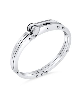 Biker Handcuff Bracelet Bangle Cubic Zirconia Accent Stainless Steel