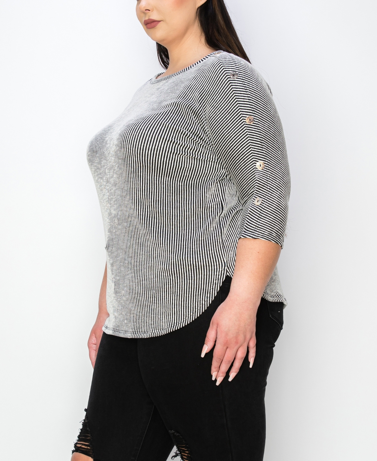 Shop Coin 1804 Plus Size Span Rail Textured Rib Boat Neck 3/4 Sleeve Top In Black Ivory