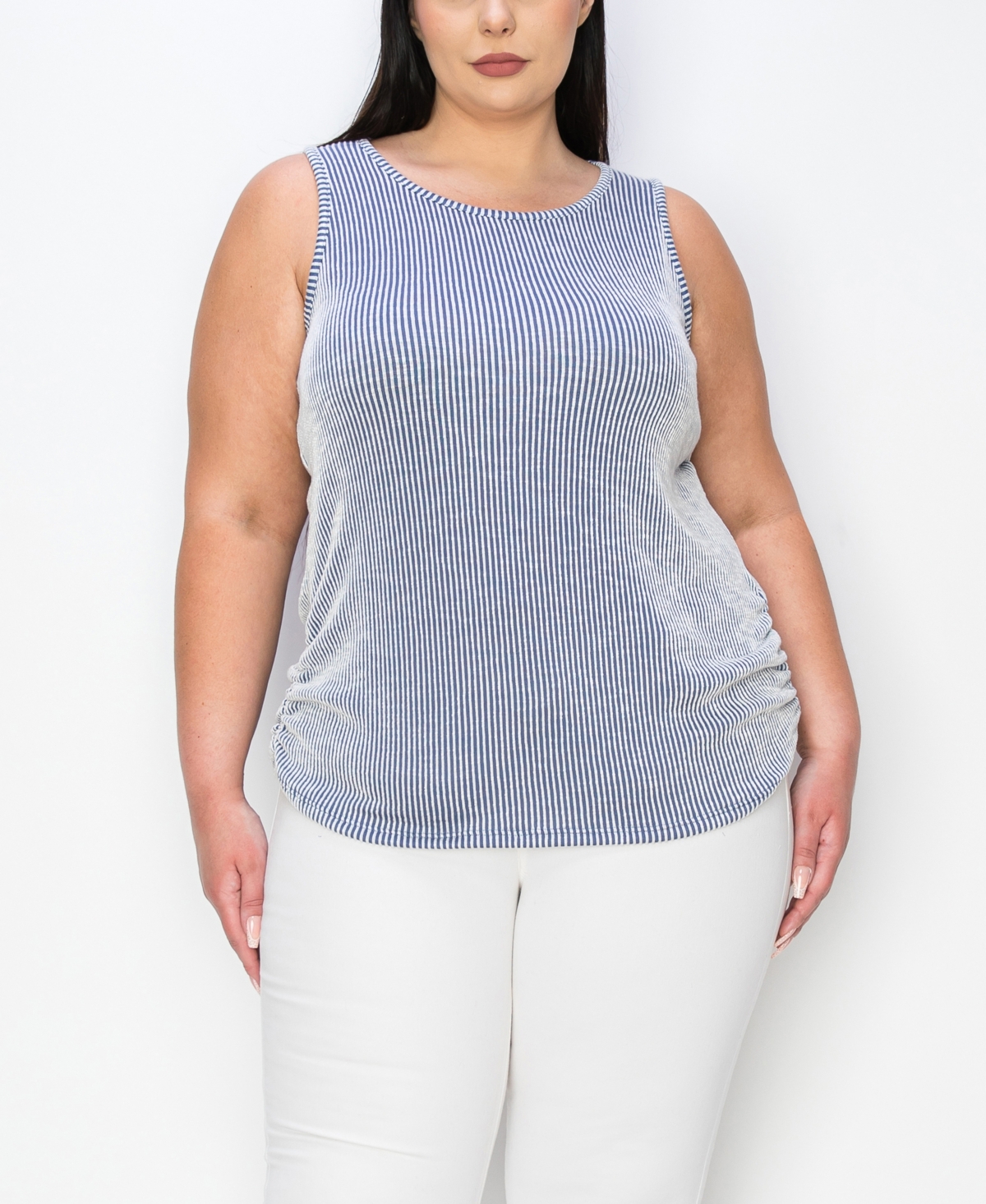 Coin 1804 Plus Size Span Rail Stripe Textured Ruched Tank Top In Denim Ivory