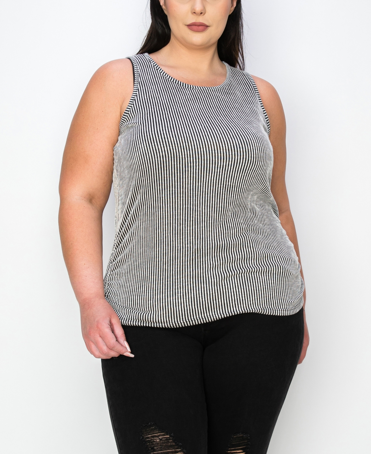 Shop Coin 1804 Plus Size Span Rail Stripe Textured Ruched Tank Top In Black Ivory