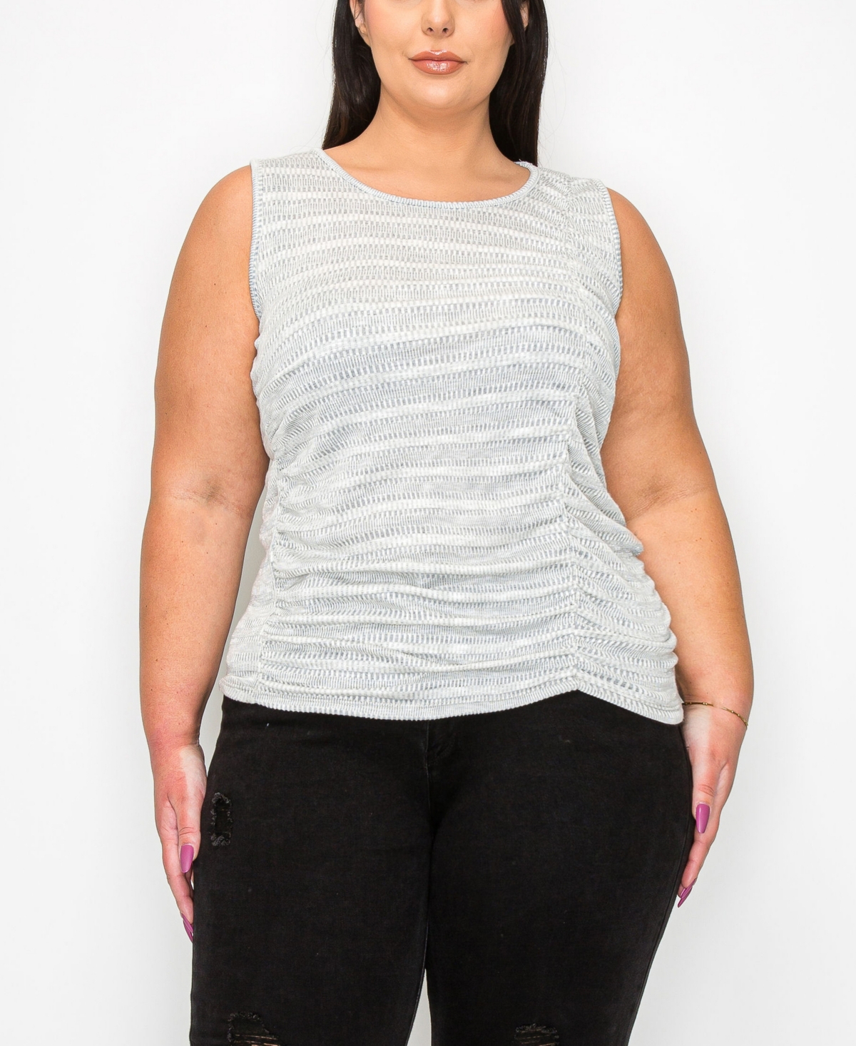 Plus Size Textured Jacquard Stripe Front Ruched Tank Top - Gray Ivory