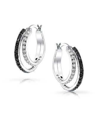 Black White Circle Cubic Zirconia Pave CZ Prom Double Hoop Earrings 1.5 Inch Diameter