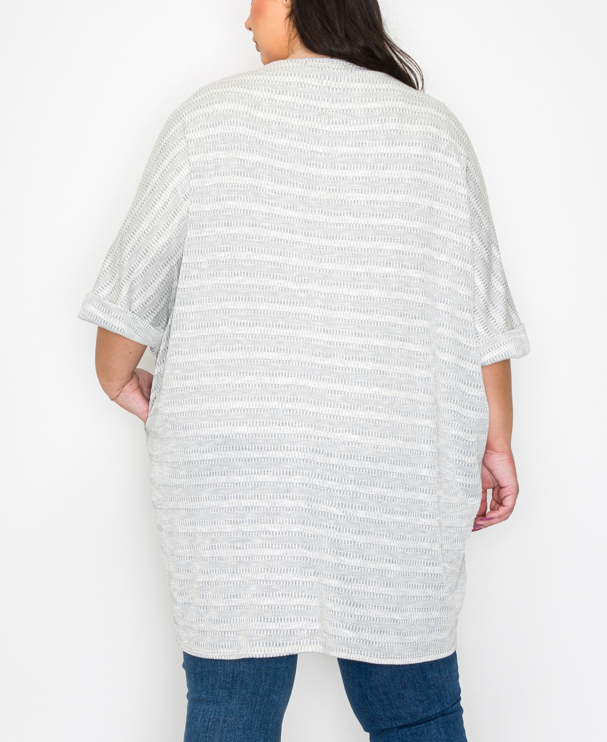 Coin 1804 Plus Size Textured Jacquard Stripe Rolled Sleeve Pocket Kimono Top