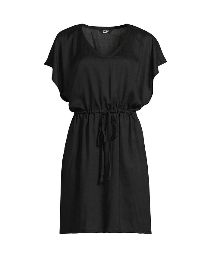 Lands' End Plus Size Sheer Over d Short Sleeve Gathered Waist Swim