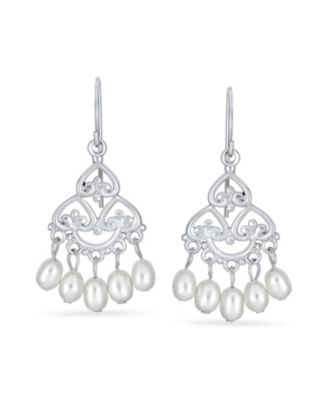 White Freshwater Cultured Pearl Filigree Dangle Chandelier Earrings Sterling Silver