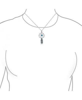 Western Synthetic Turquoise Accent Feathers Leaf Dream Catcher Pendant Necklace For Women s Oxidized Sterling Silver