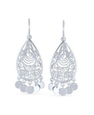 Moroccan Fashion Tear Shape Dangling Coins Statement Chandelier Earrings Sterling Silver