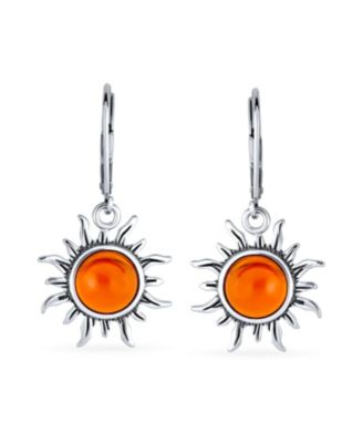Tropical Vacation Beach Sun Rise Natural Amber Round Sunburst Dangle Drop Earrings Lever back Oxidized Sterling Silver
