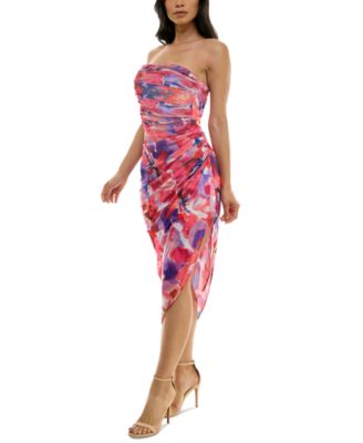 Juniors' Strapless Ruched Mesh Bodycon Midi Dress