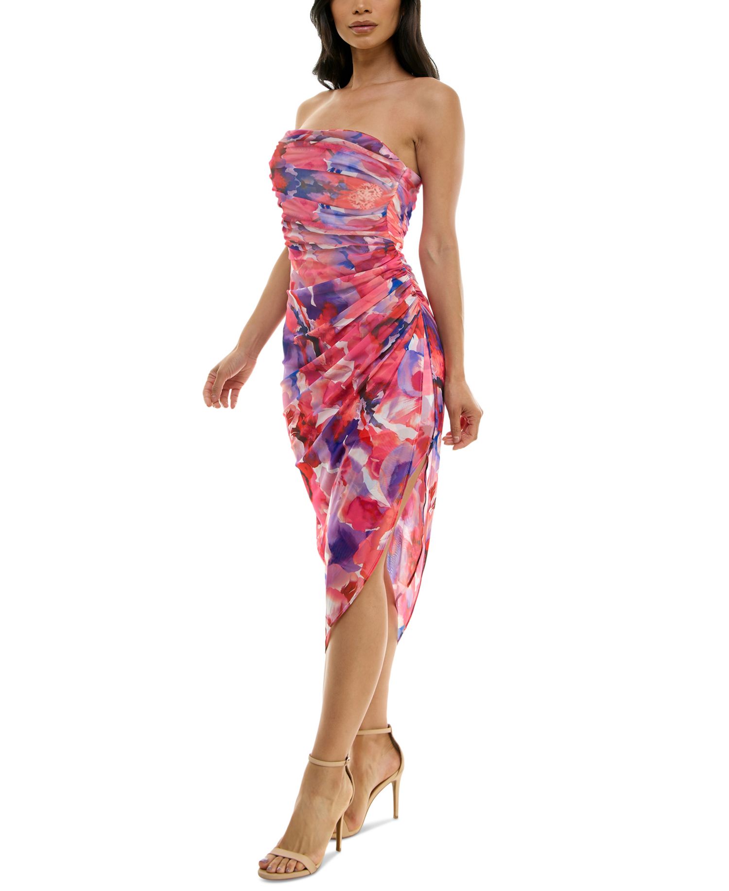 Juniors' Strapless Ruched Mesh Bodycon Midi Dress
