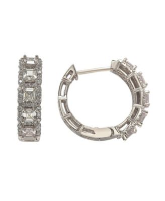 Suzy Levian Sterling Silver Cubic Zirconia Framed Asscher-Cut Hoop Earrings