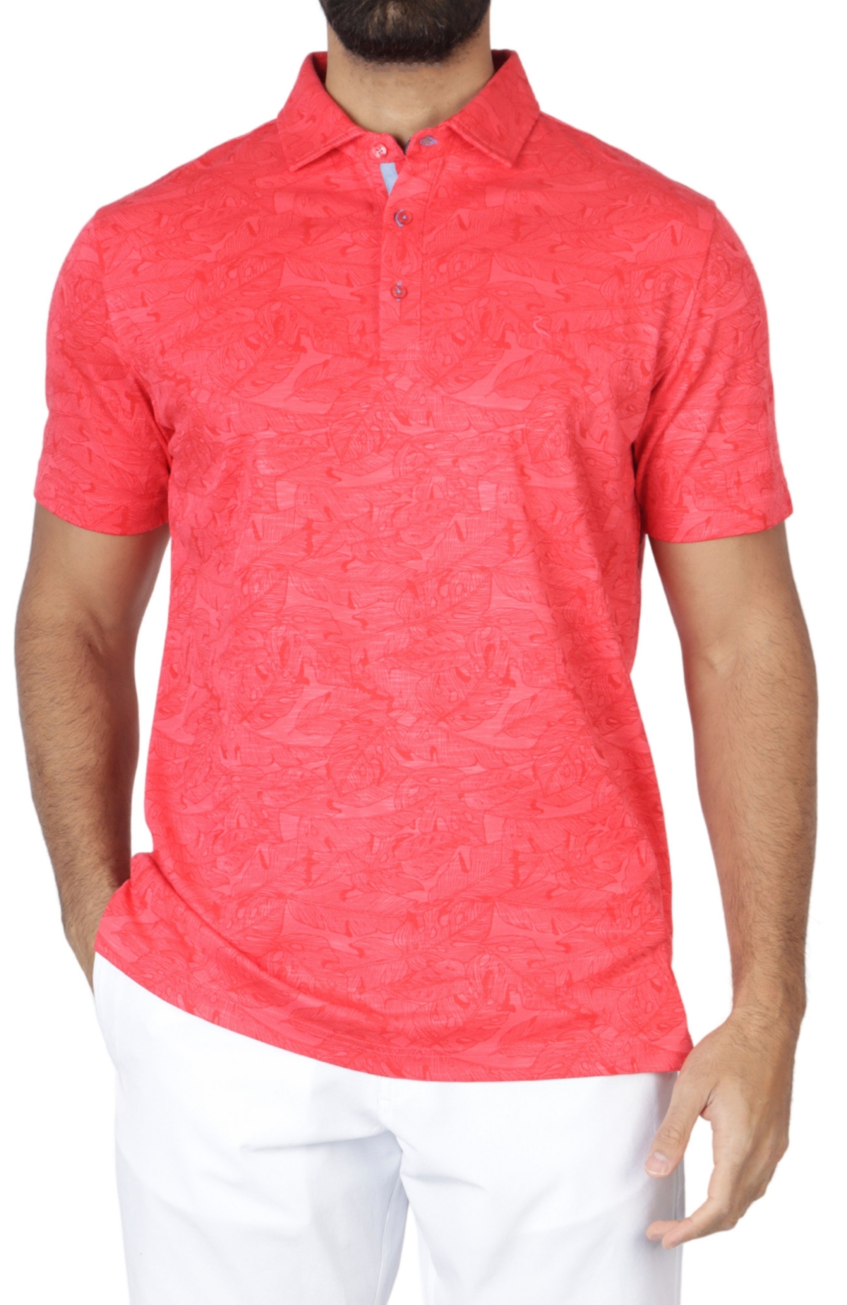 Men's Slub Micro Pique Tonal Floral Printed Polo Shirt - Coral