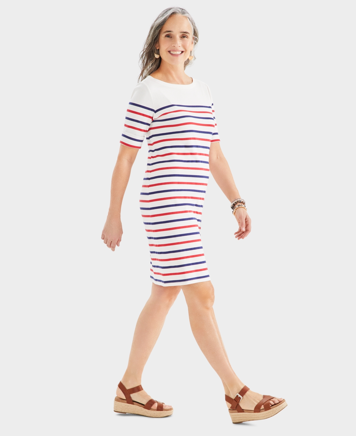 Shop Style & Co Women's Cotton Boat-neck Elbow-sleeve Dress, Created For Macy's In Red Blue Stripe
