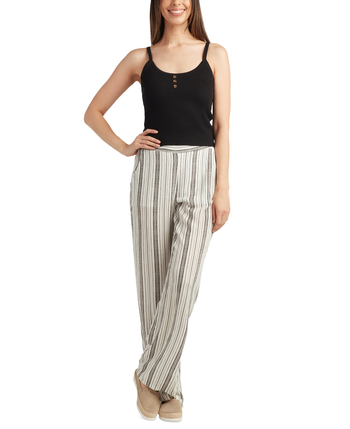 Shop Bcx Juniors' Striped Pull-on Mid-rise Pants In Tan Stripe