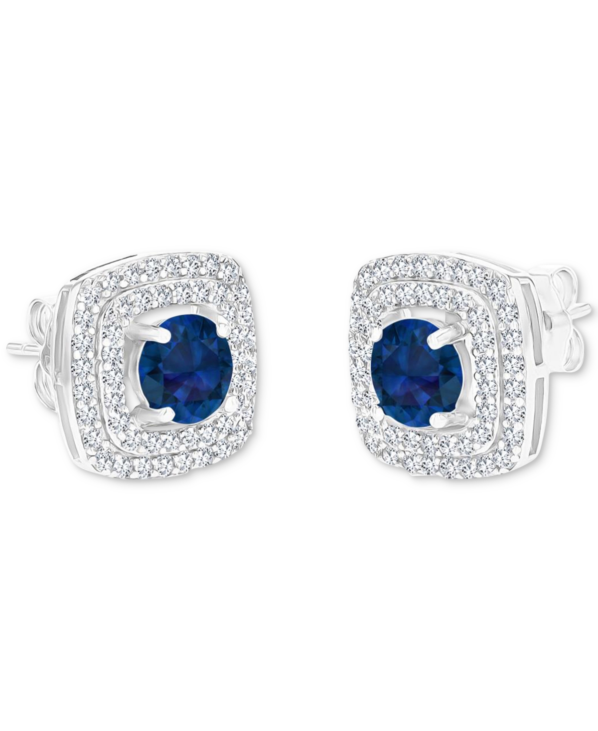 Gemstone & Lab-Grown White(5/8 ct. t.w.) Square Halo Birthstone Stud Earrings in Sterling Silver - Sapphire