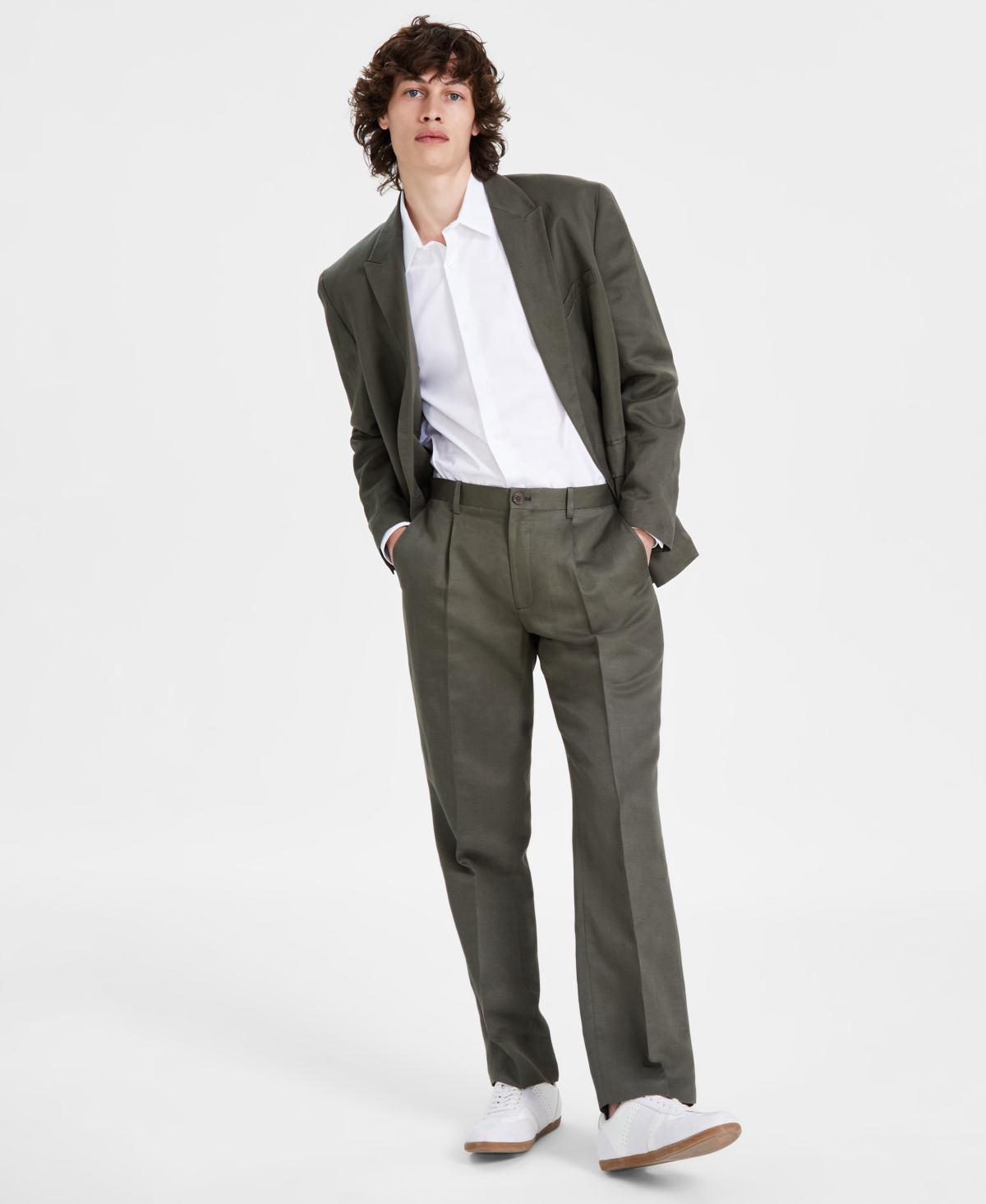 Men's Straight-Fit Linen Pants, Created for Macy's - Olive Twist