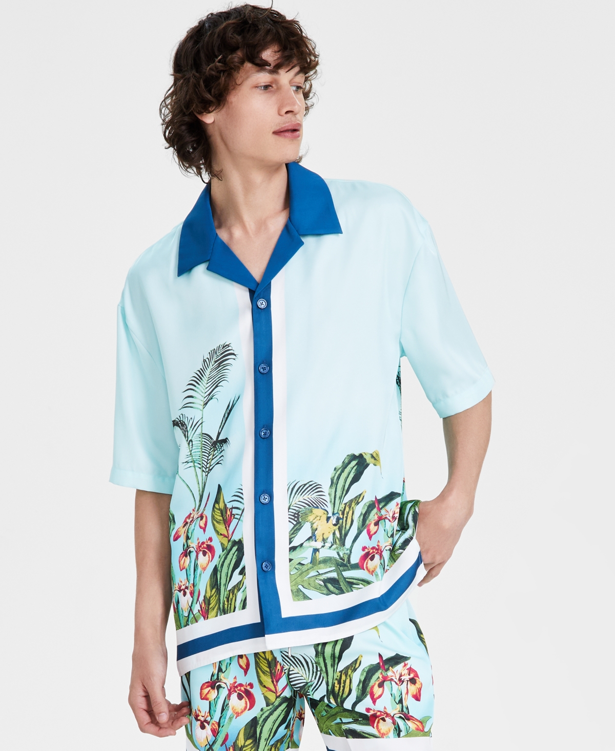 Men's Thom Regular-Fit Tropical-Print Button-Down Camp Shirt, Created for Macy's - Sunlit Aqua