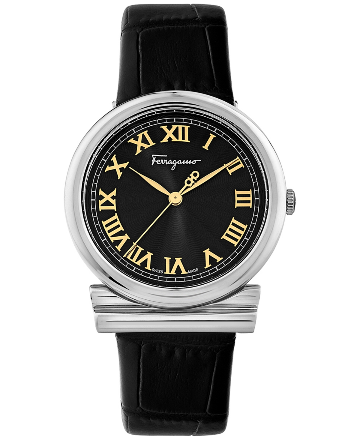 Ferragamo Salvatore  Women's Swiss Gancino Black Leather Strap Watch 34mm In Stainless
