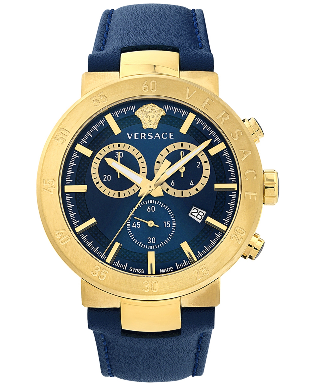 Versace Men's Swiss Chronograph Urban Mystique Blue Leather Strap Watch 43mm In Gold