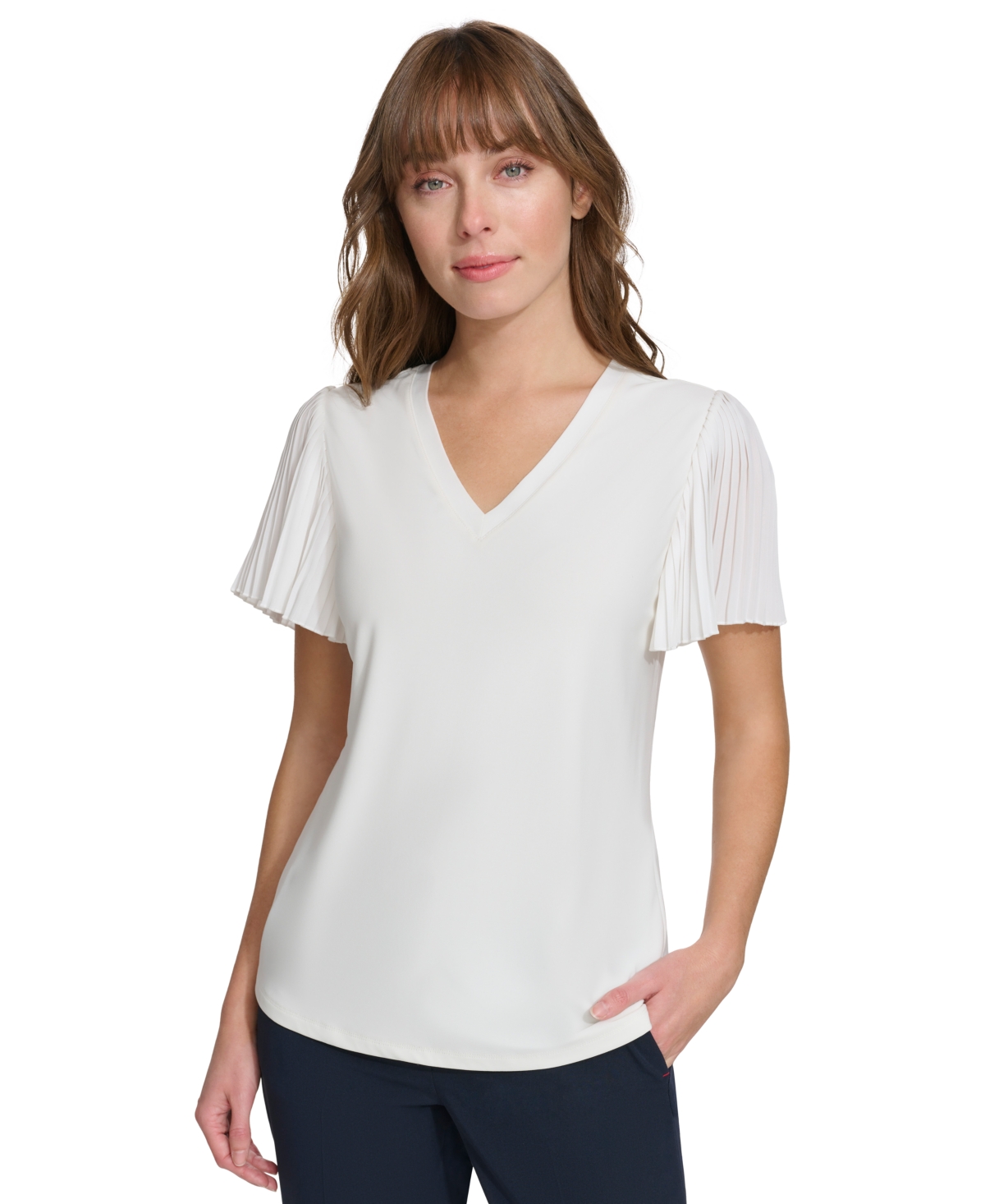 Tommy Hilfiger Women's V-neck Pleated Flutter-sleeve Top In Ivory