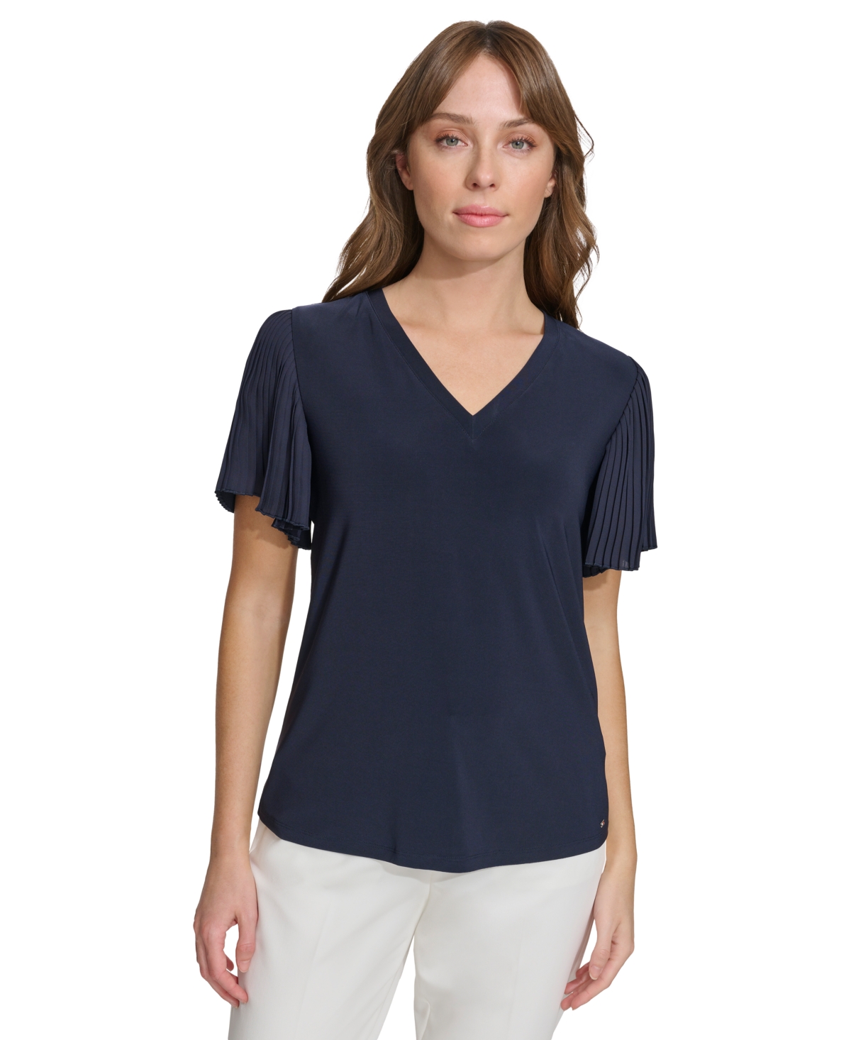 Shop Tommy Hilfiger Women's V-neck Pleated Flutter-sleeve Top In Midnight