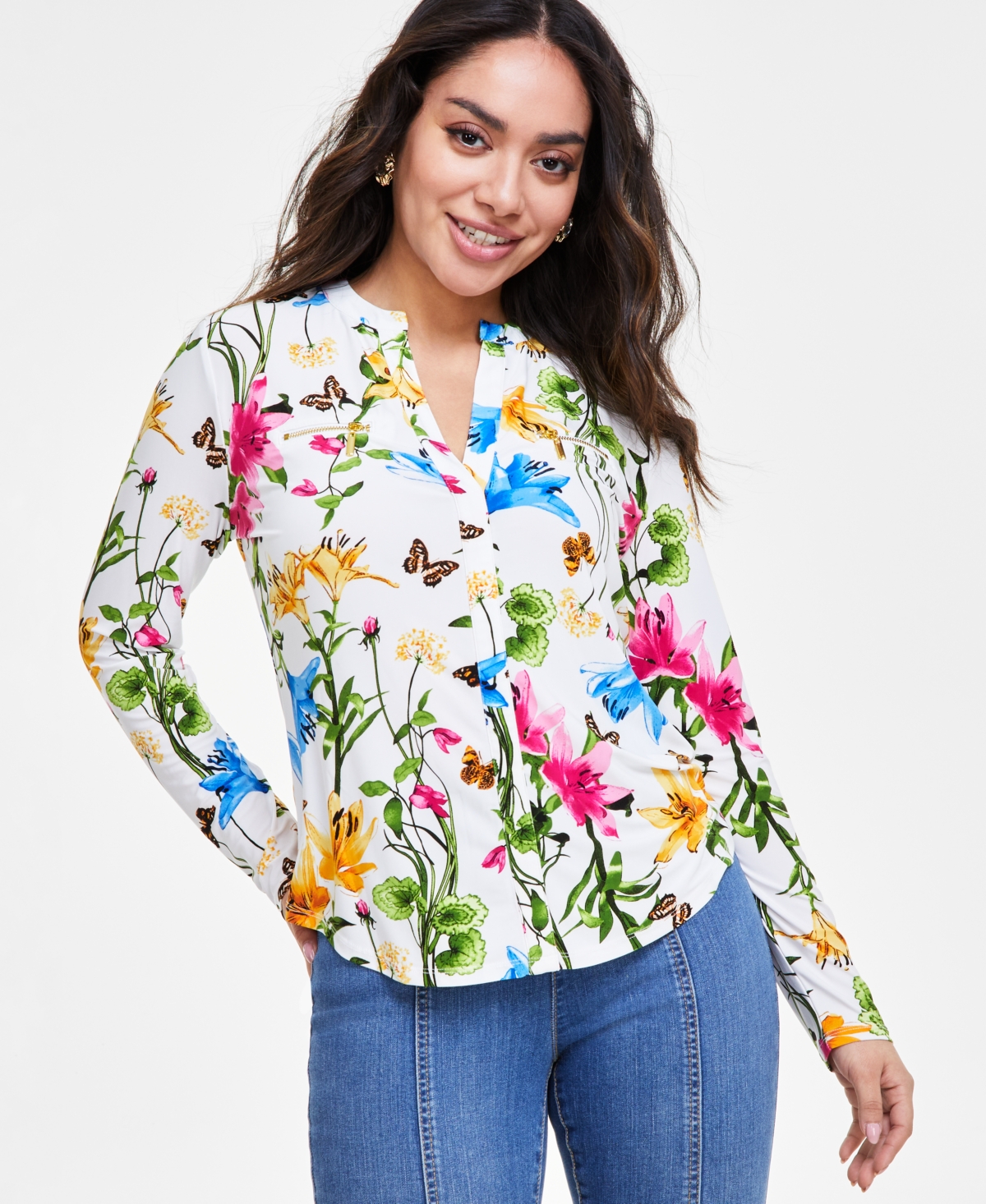 Shop Inc International Concepts Petite Printed Zip-pocket Top, Created For Macy's In Risa Blooms