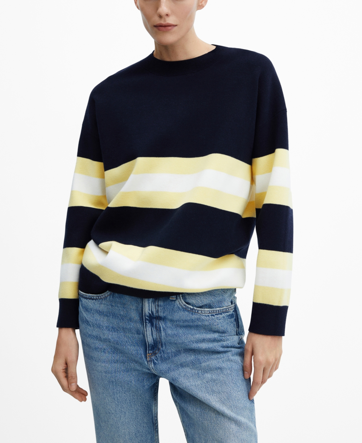 Shop Mango Women's Striped Knit Sweater In Dark Navy