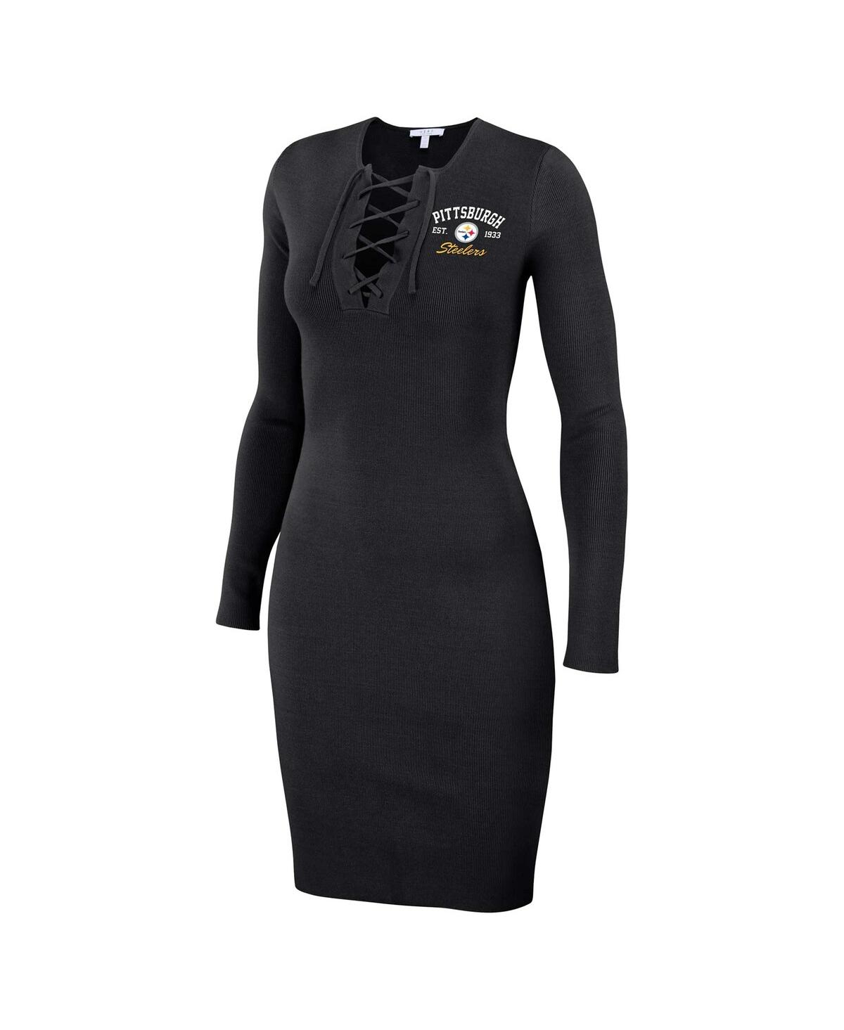 Shop Wear By Erin Andrews Women's  Black Pittsburgh Steelers Lace Up Long Sleeve Dress