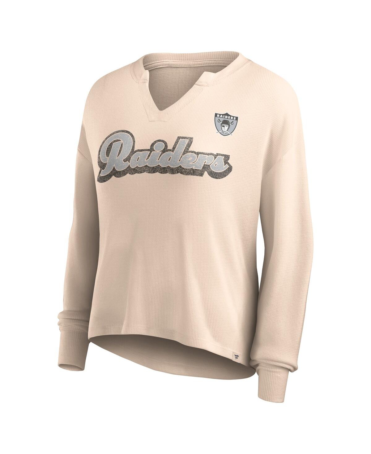 Fanatics Women's  Tan Distressed Las Vegas Raiders Go For It Notch Neck Waffle Knit Lightweight Long In Tan