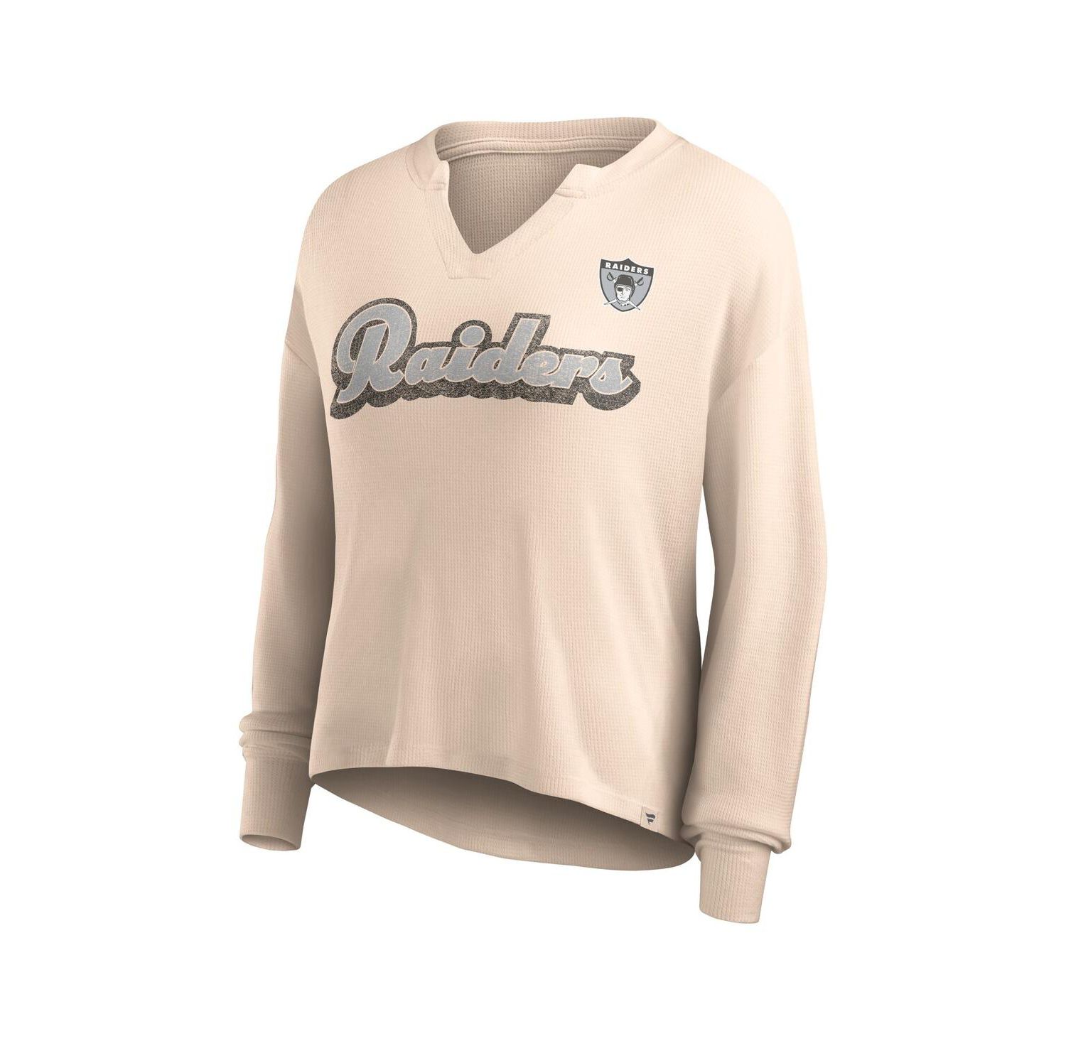 Women's Tan Distressed Las Vegas Raiders Go For It Notch Neck Waffle Knit Lightweight Long Sleeve T-shirt