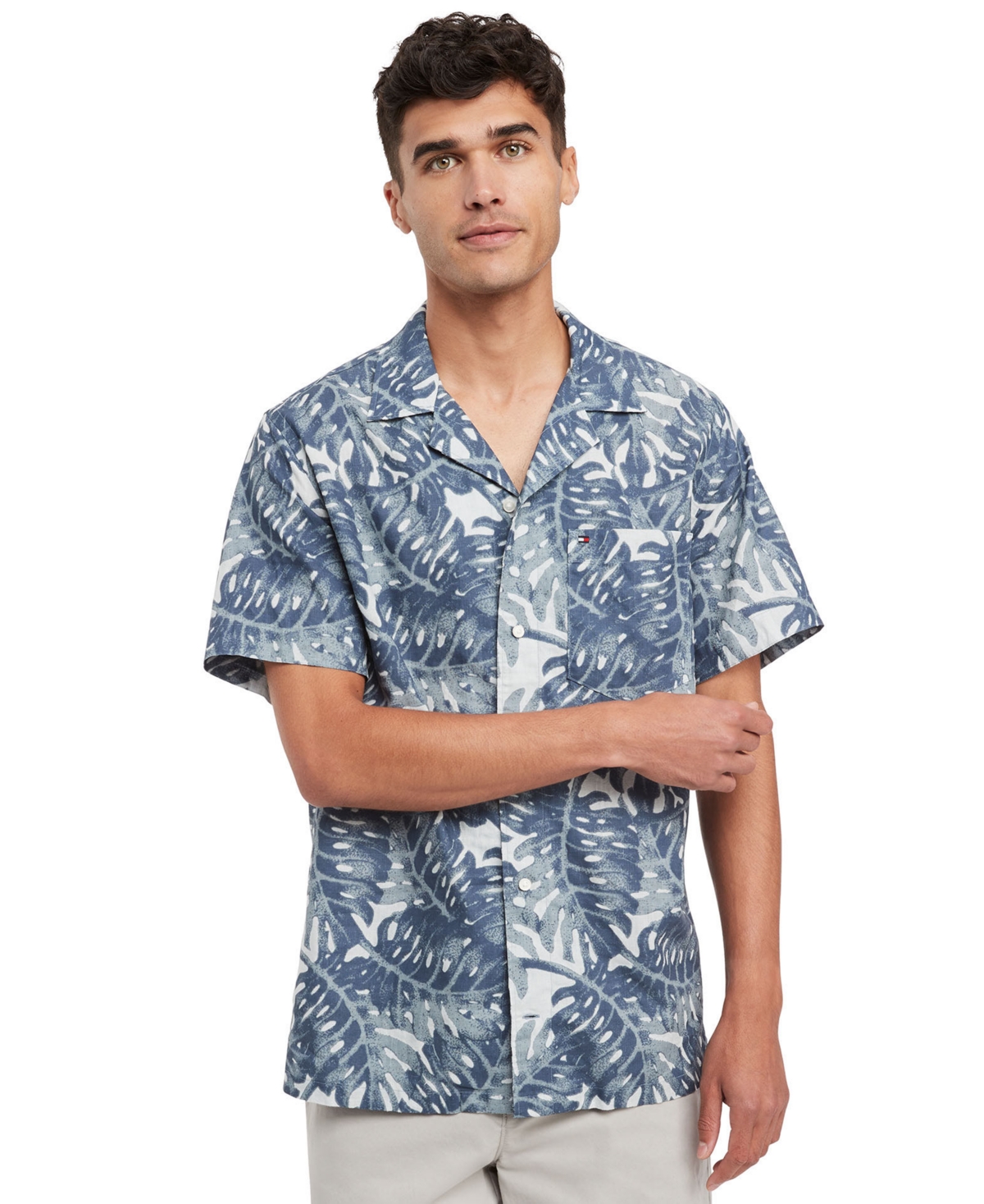 Tommy Hilfiger Men's Diffused Foliage Short Sleeve Button-front Linen Camp Shirt In Basic Navy