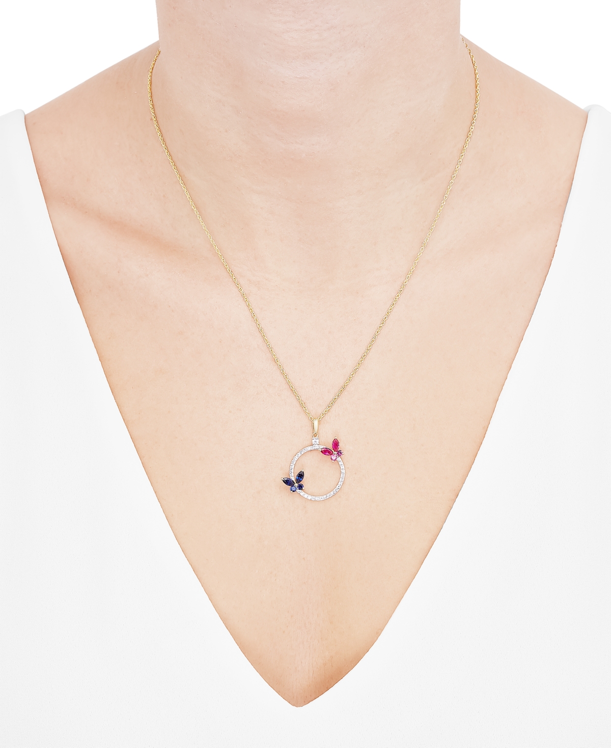 Macy's Lab-grown Gemstones 18" Butterfly Circle Pendant Necklace (1-3/8 Ct. T.w.) In 14k Gold-plated Sterli In Multi-gemstone