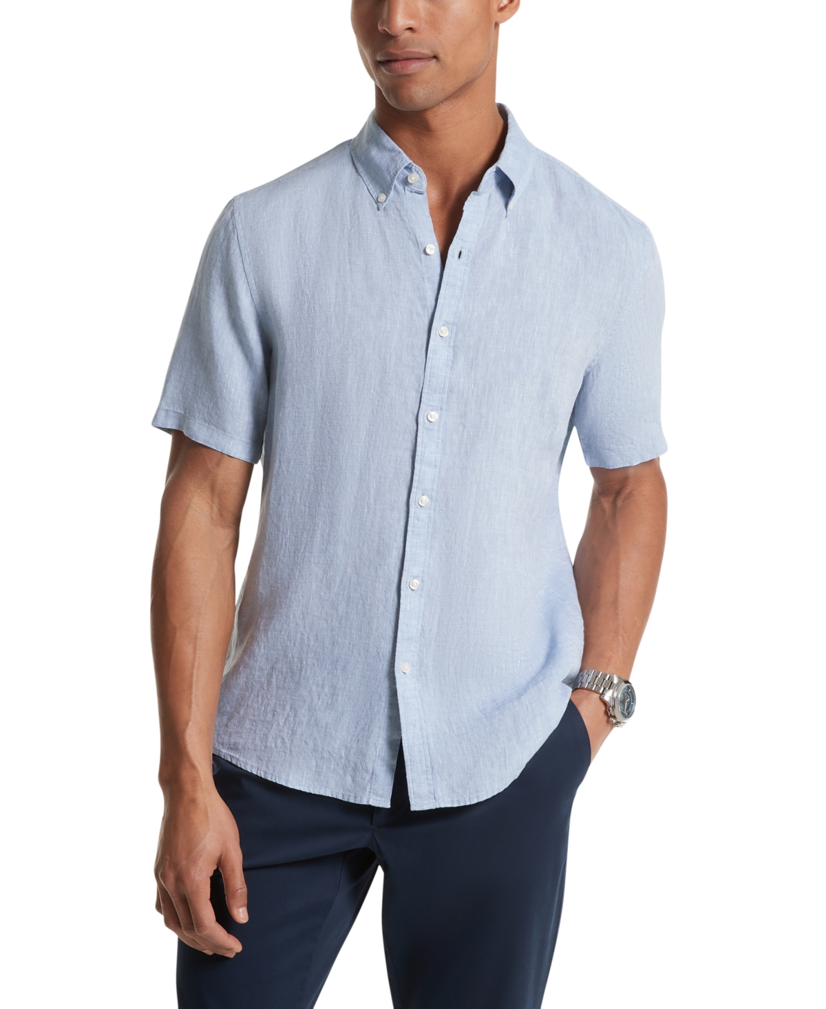 Michael Kors Slim-fit Linen Shirt In Blue