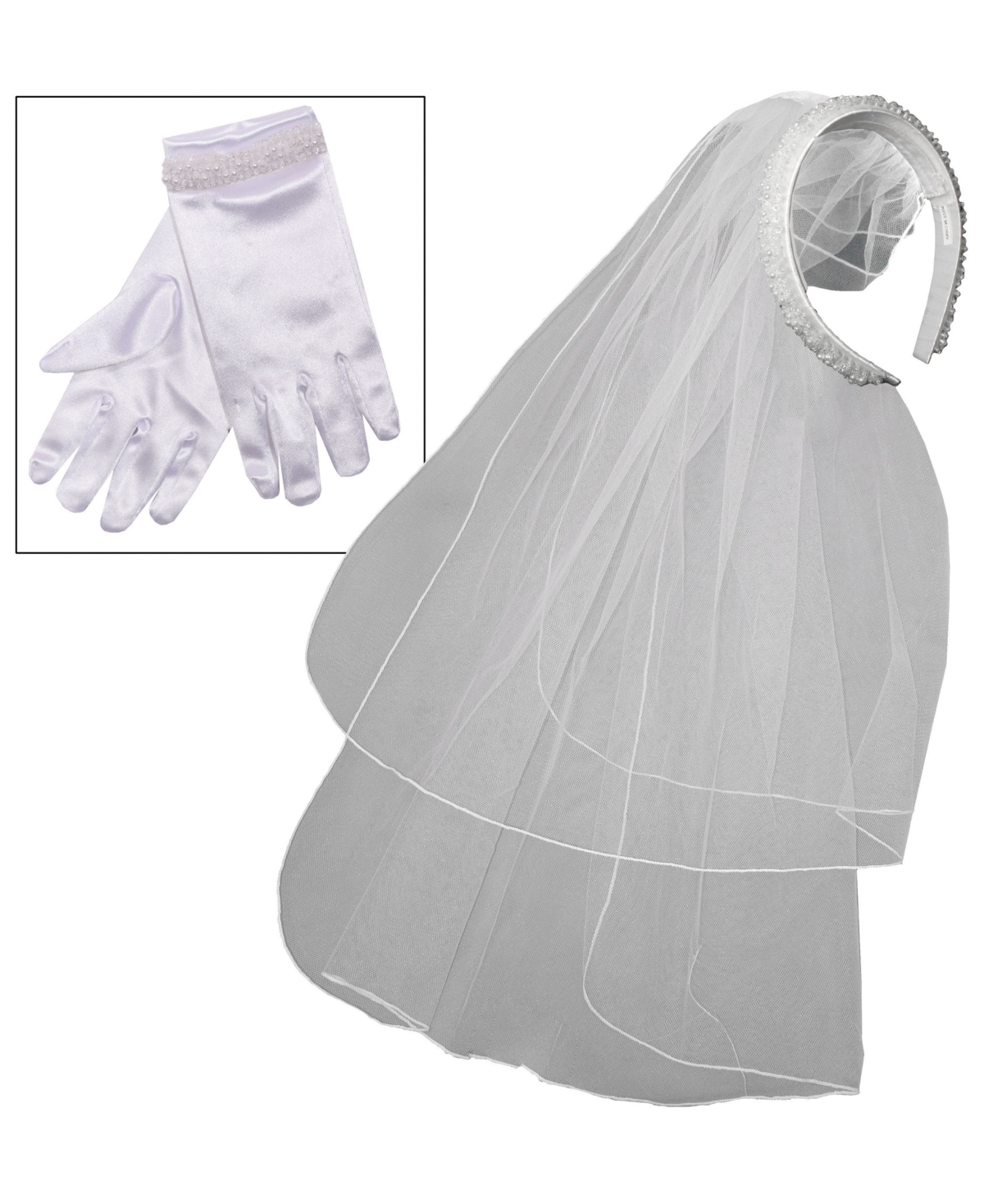 Shop Bonnie Jean Beaded Headband Double Veil And Gloves In Wht