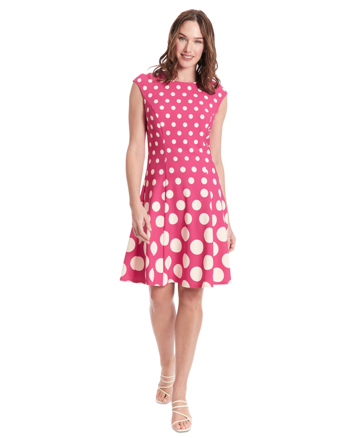 Shop London Times Petite Polka-dot Fit & Flare Dress In Pink Ivory