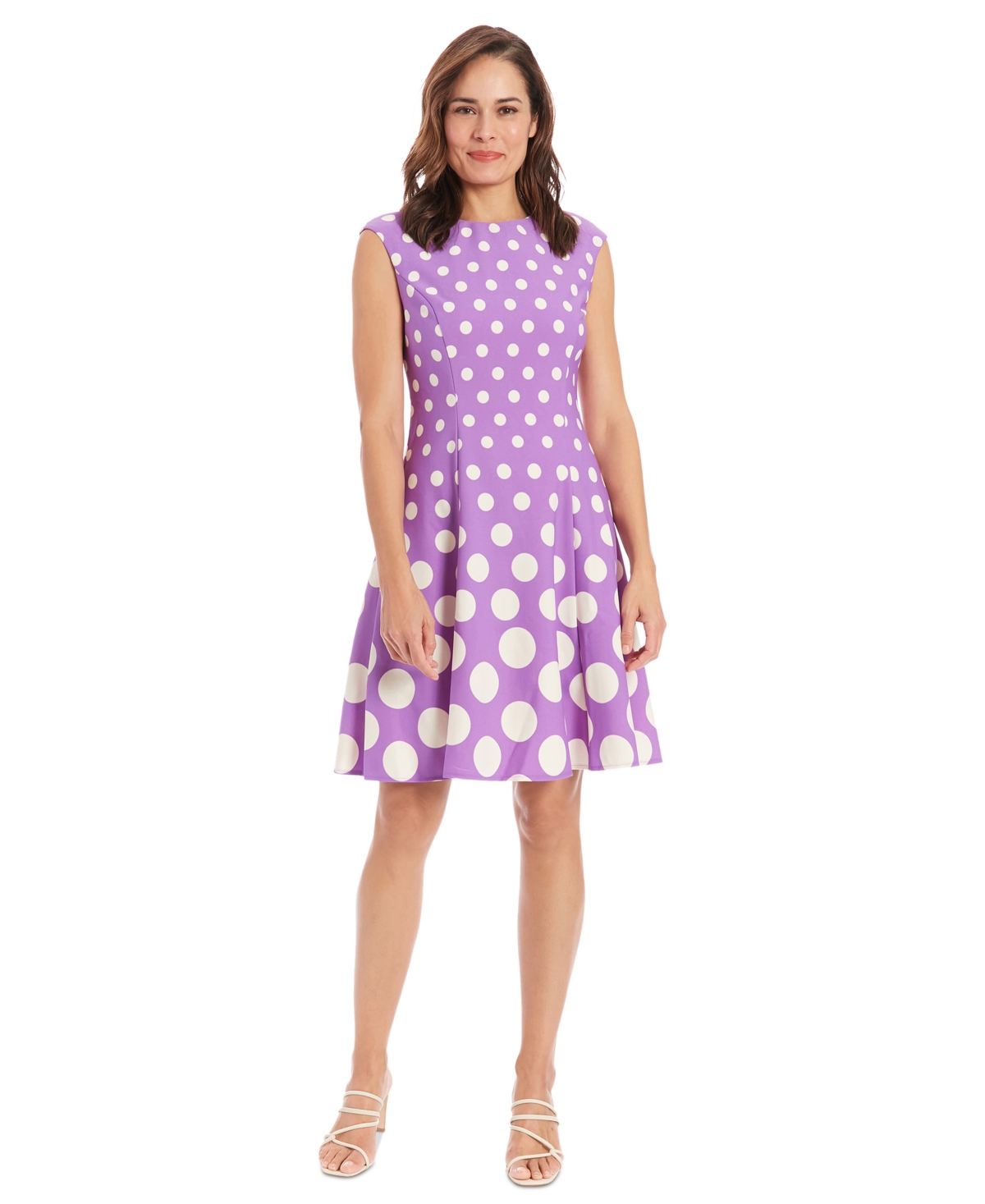 Shop London Times Petite Polka-dot Fit & Flare Dress In Lilac Ivory