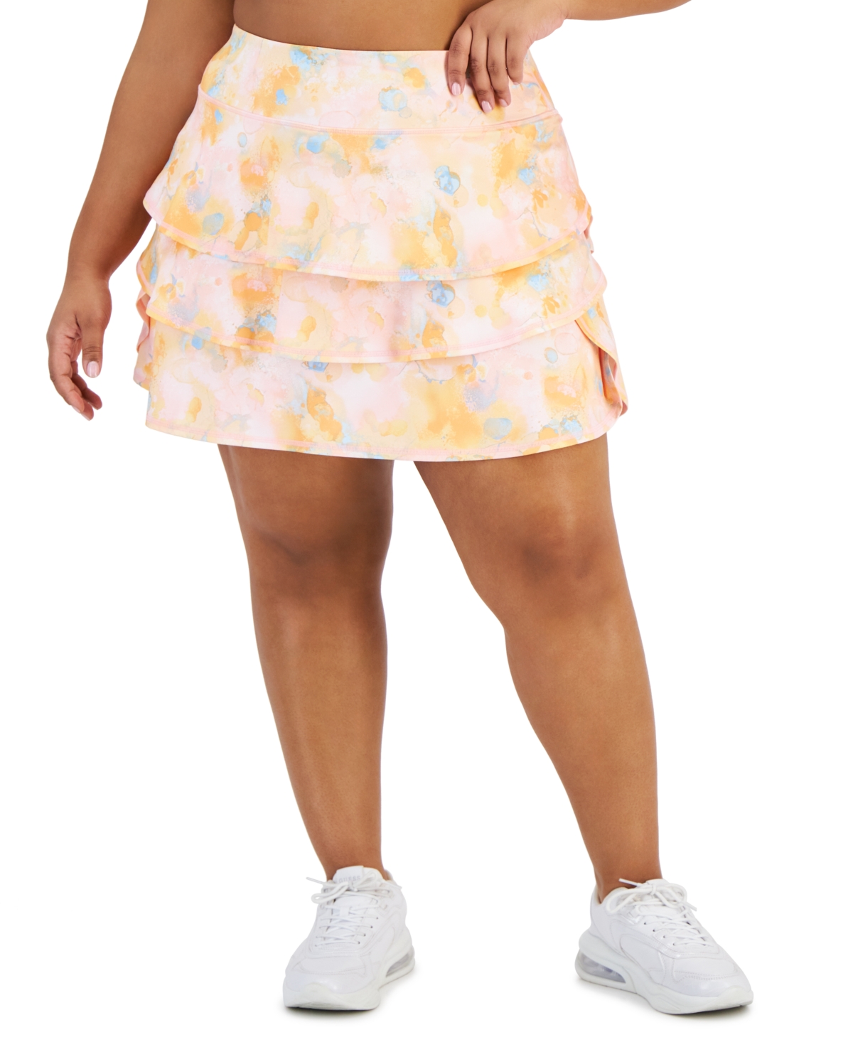 Shop Id Ideology Plus Size Dreamy Bubble-printed Tiered Flounce Pull-on Skort, Created For Macy's In Pink Icing