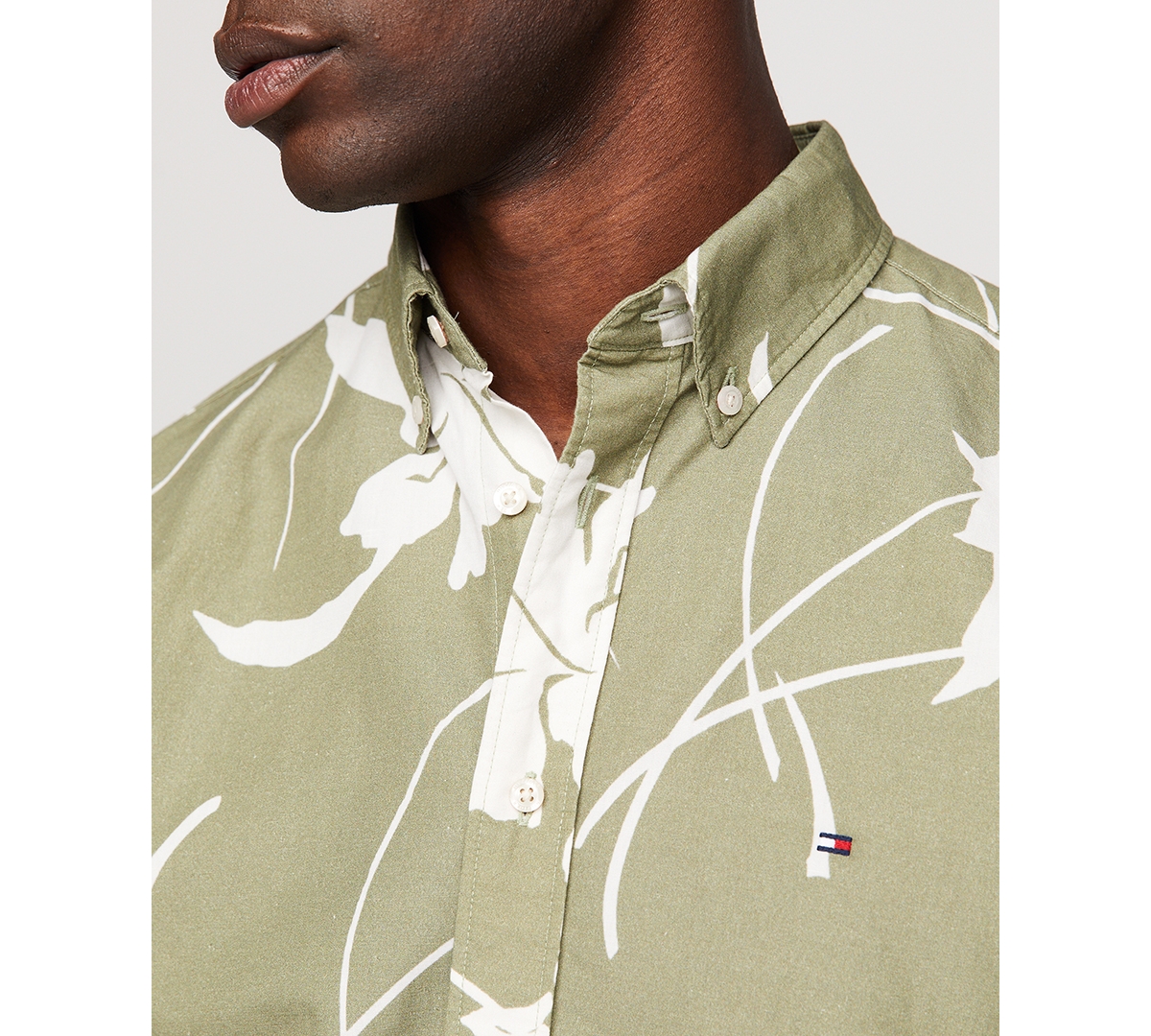 Shop Tommy Hilfiger Men's Short Sleeve Tropical Print Button-down Shirt In Faded Oliv