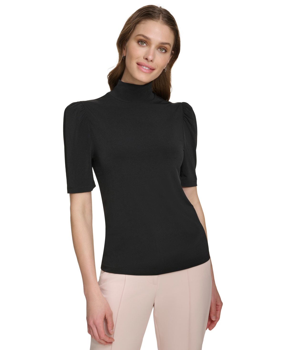 Shop Dkny Women's Mock-neck Puff-sleeve Top In Black