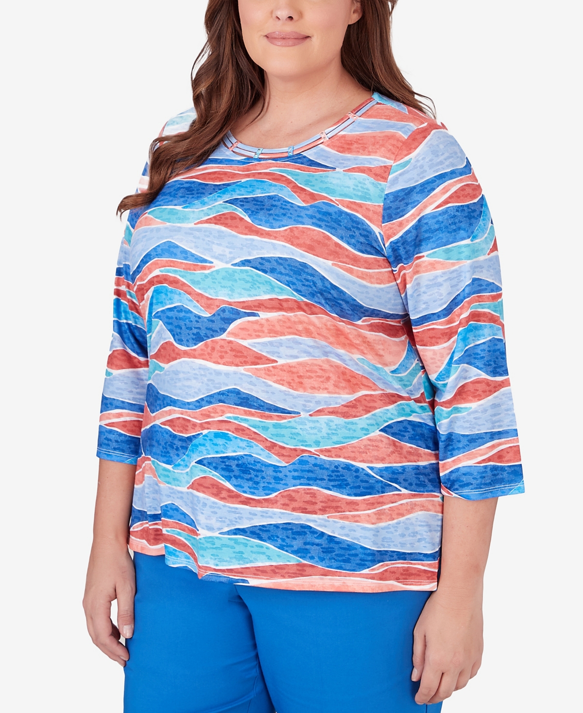 Alfred Dunner Plus Size Neptune Beach Crew Neck Beach Wave Top
