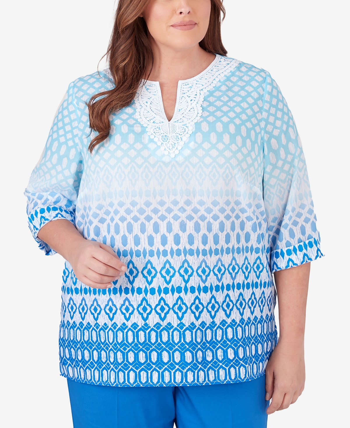 Alfred Dunner Plus Size Neptune Beach Ombre Diamond Print Tunic Top In Ocean Blue