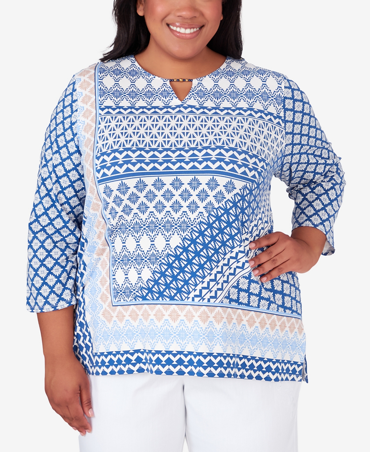 Alfred Dunner Plus Size Bayou Geometric 3/4 Sleeve Top In Multi
