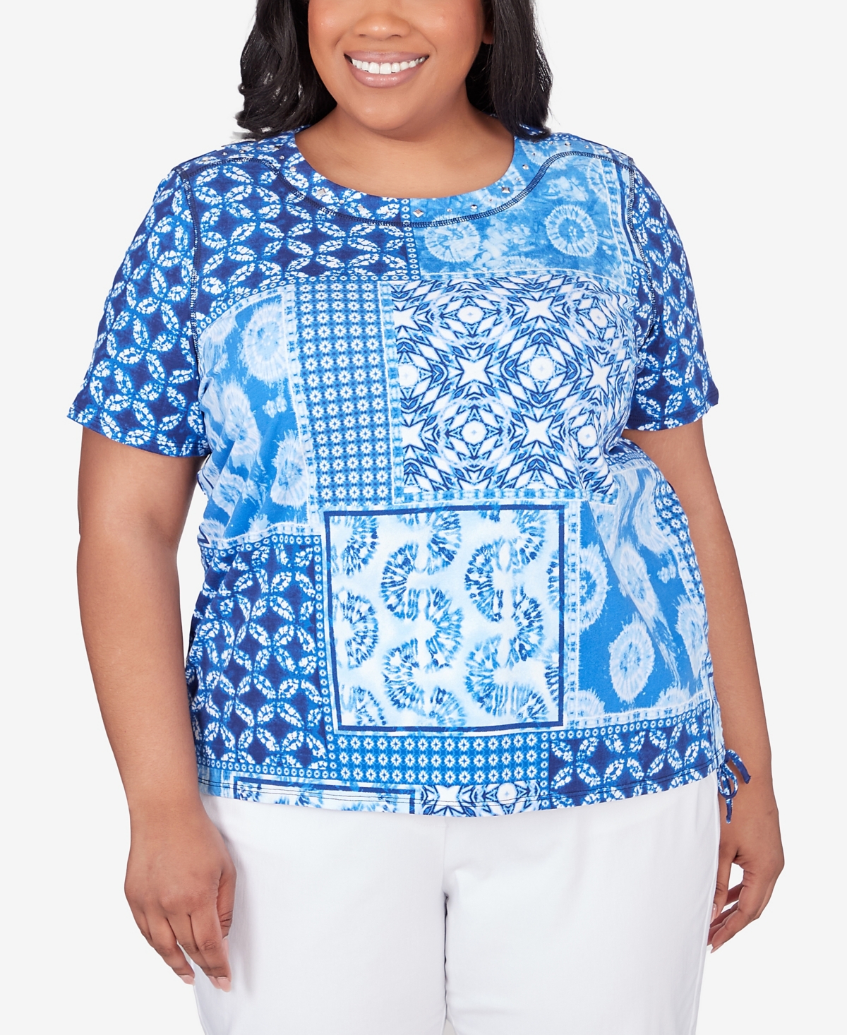 Alfred Dunner Plus Size Bayou Patchwork Ikat T-shirt With Side Ruching In Multi