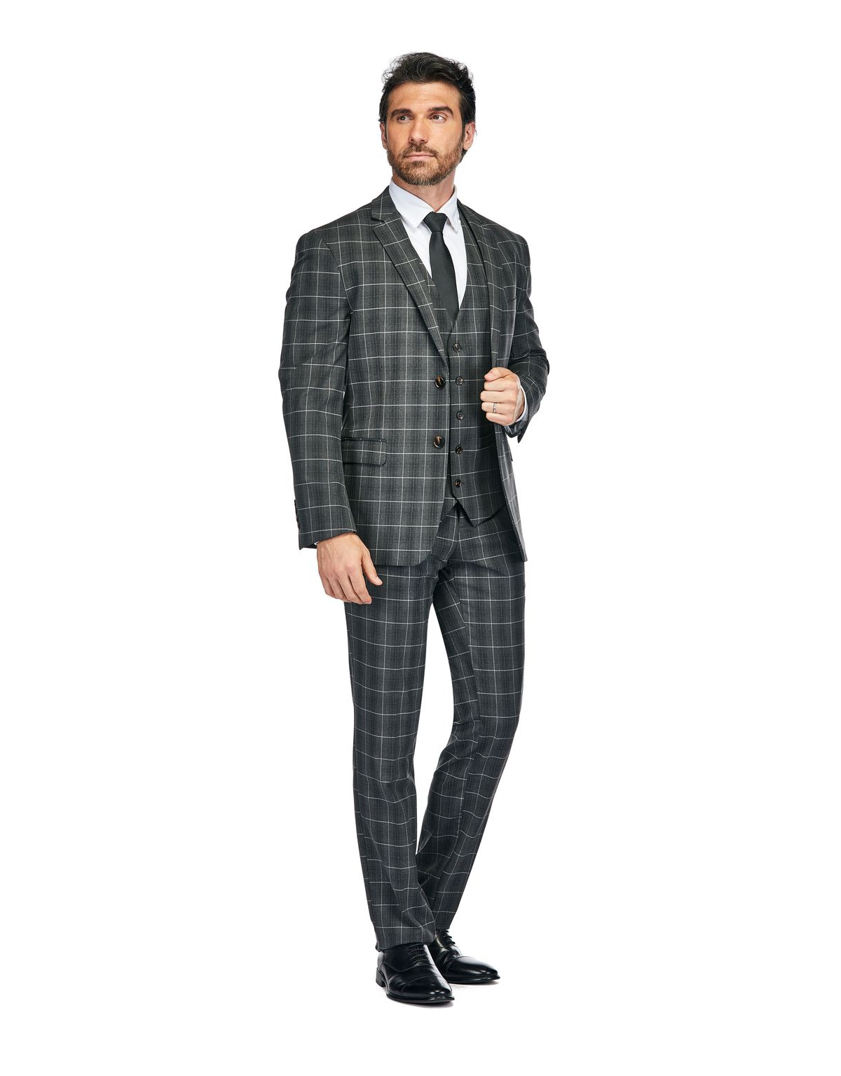 Slim Fit 3PC Elegant Check Men's Suit - Grey